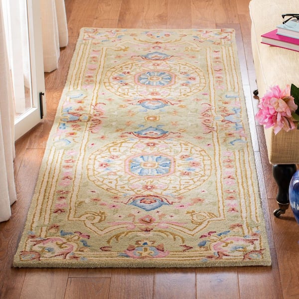 Savonnerie 3 ft. x 8 ft. Sage/Blue Border Runner Rug