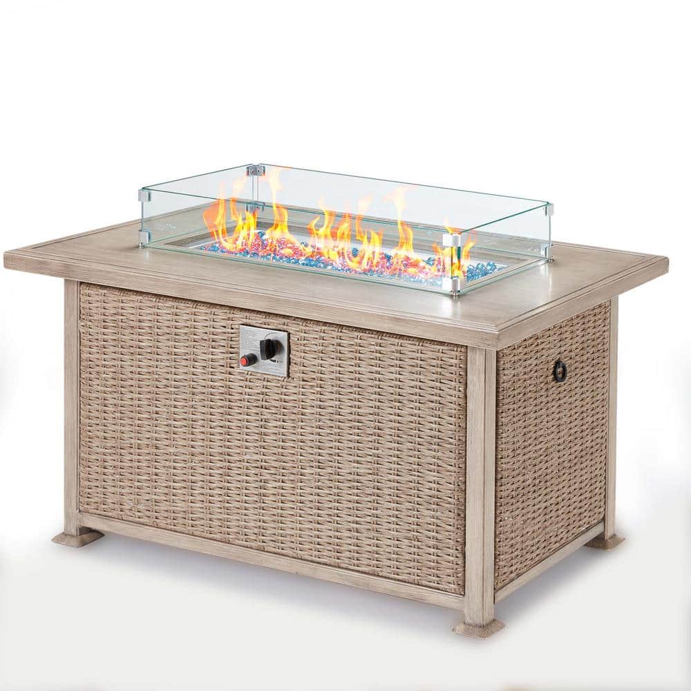 Gray 50 in. Propane Wicker Outdoor Fire Pit Table Fire Table with Glass Win