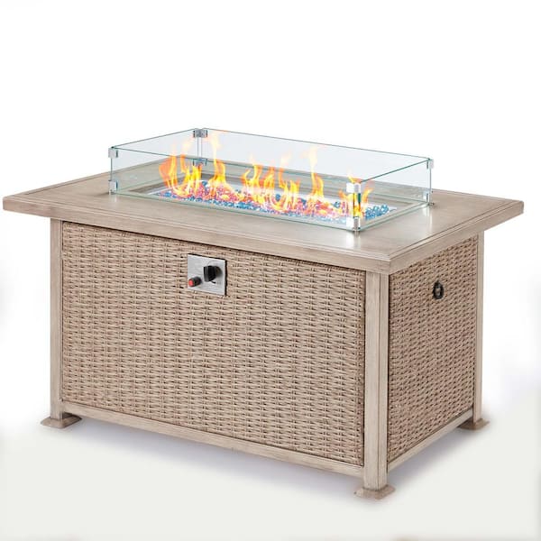 Gray 50 in. Propane Wicker Outdoor Fire Pit Table Fire Table with Glass ...