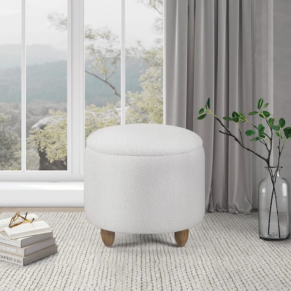 OSP Home Furnishings Lyra Storage Ottoman in Ivory Sherpa Fabric with Medium Oak Legs