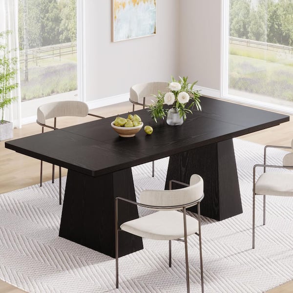 Black Engineered Wood 63 in. Double Pedestal Dining Table Seats 4, Wood Dinner Table Kitchen and Dining Room Furniture