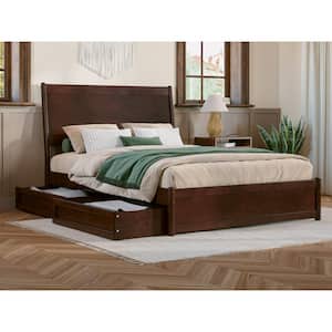 Casanova Walnut Brown Solid Wood Frame Full Platform Bed with Panel Footboard and Storage Drawers