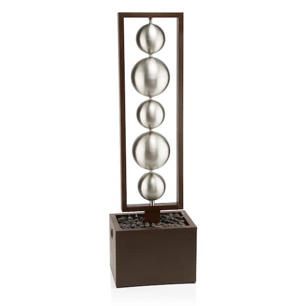 55 in. Tall Outdoor Modern Column Waterfall Fountain with Stainless Steel Orbs, Silver