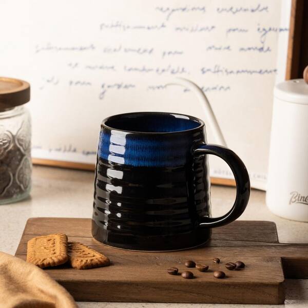 Wudkey 16 oz. Black and Blue Creamic Tea Cups with Handle, Handmade Wide Bottom Pottery Mug, Dishwasher and Microwave Safe