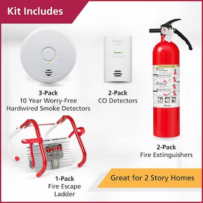 2-Story Fire Safety Kit, 3-Pack Smoke Detector, 2-Pack CO Detector, Fire Escape Ladder & 2-Pack Fire Extinguisher