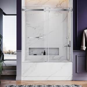 UKD01 56 to 60 in. W x 66 in. H Frameless Double Sliding Bathtub Door in Chrome with EnduroShield 3/8 in. Clear Glass