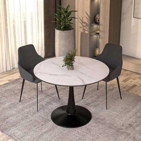 Leisuremod Bristol 40 in. Round Dining Table MDF Wood in Marbled White Tabletop Black Stainless Steel Metal Pedestal Base Seats 4