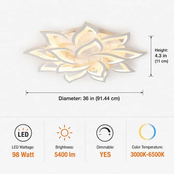 Genoci 36 in. 98-Watt Modern White Flower Dimmable Integrated LED