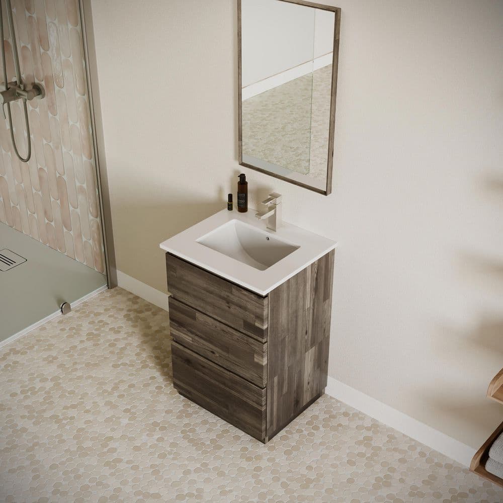 Modern 24" Brown Quartz Stone Vanity Set with Ceramic Sink and Mirror