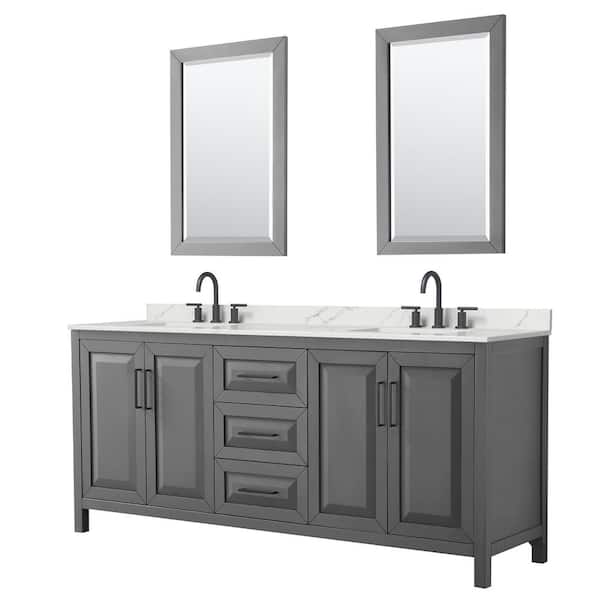 Wyndham Collection Daria 80 in. W x 22 in. D x 35.75 in. H Double Bath Vanity in Dark Gray with Giotto Quartz Top and 24 in. Mirrors