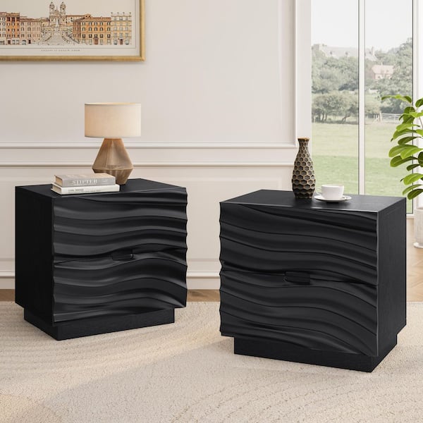 Xelvar Modern 23.62 in. Black 2 Drawers Wood Nightstands Bedside Table Sofa End Table, (Set of 2)