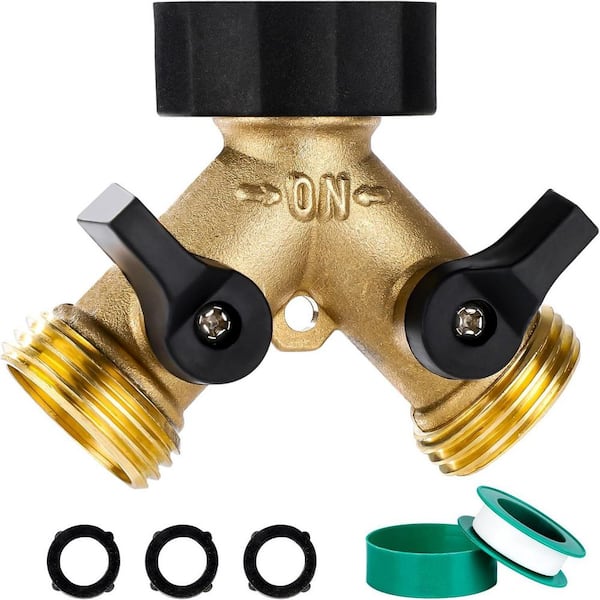 Garden Hose Splitter 2 Way, Y Connector Brass Garden Hose Adapter, Includes 3 Rubber Washers & Teflon Tape(1 pack)