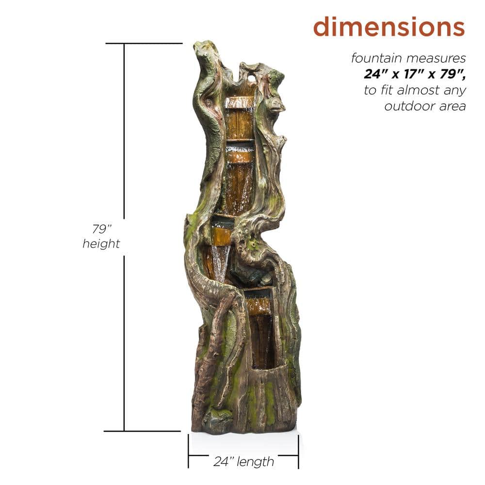 79" Natural Wood Look Resin Tiered Fountain with LED Lights