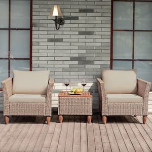 3-Piece Wicker Patio Conversation Set Outdoor Rattan Sofa Set with Tan Cushions
