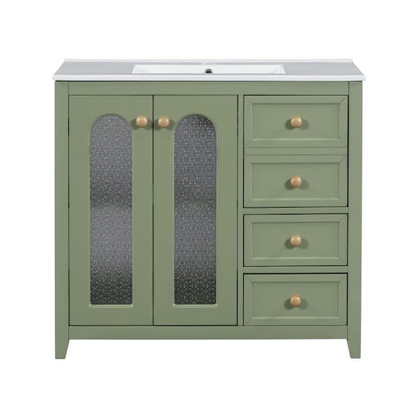 36 in. Single Sink Freestanding Green Bath Vanity with White Ceramic Top, Adjustable Shelves and 3 Drawers