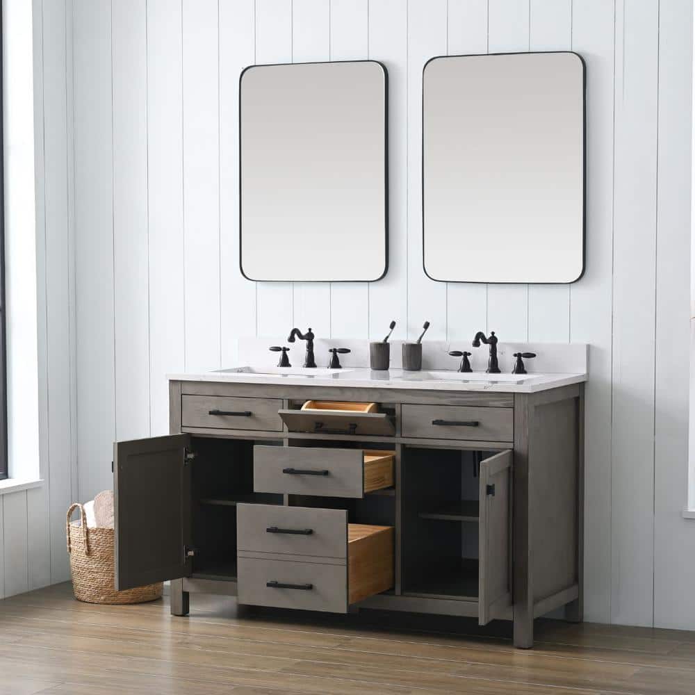 Textured Gray Double Bathroom Vanity with Carrara White Top