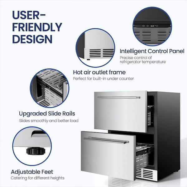 23.4 in. 5 cu. ft. Built-In and Standard Beverage Refrigerator Double Drawer Refrigerator in Stainless Steel Silver