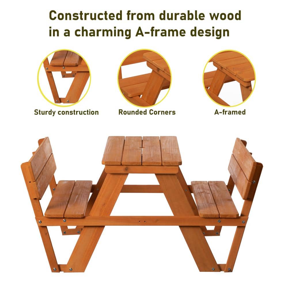 Rustic Fir Wood Kids Picnic Table Bench with Backrest