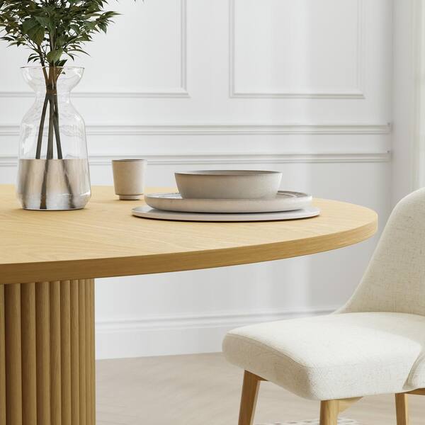 Lirago Cone Oak Colored Wood 52 in. Column Base Wide Strip Concave Straight Edge Dining Table for 6