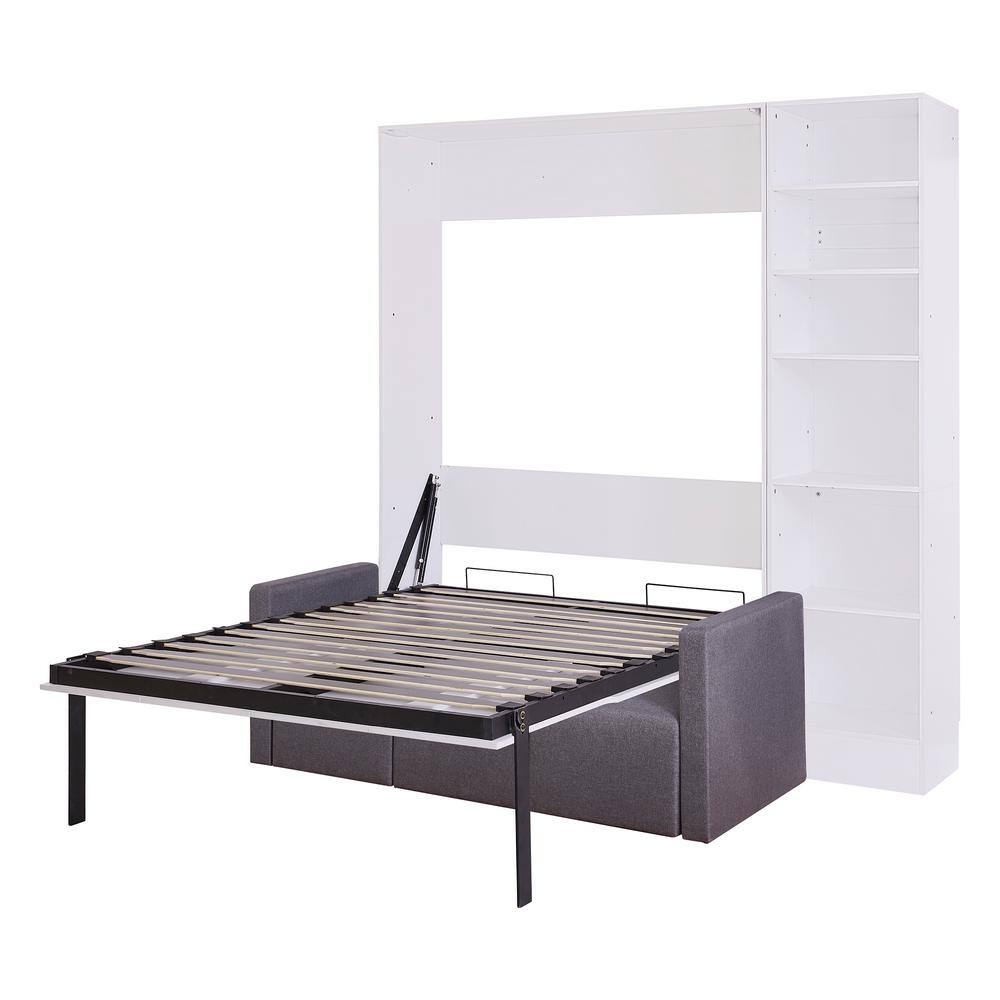 White Wood Frame Full Murphy Bed Wall Bed with Sofa and Storage Shelves - thumbnail 5