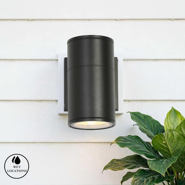 Modern Small 6.5 in. Black Cylinder Outdoor Wall Lantern Sconce with Downlight and Glass Shade for Garage, Porch, Patio