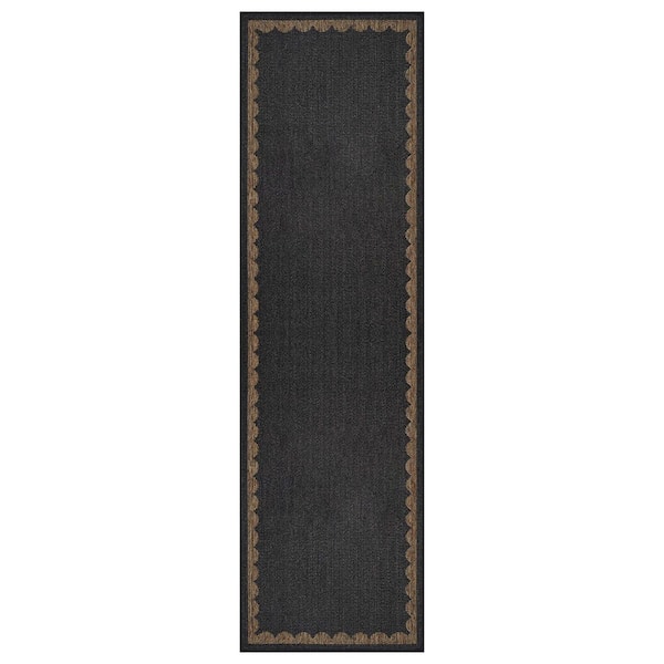 Scallop Border Dark Gray/Natural Easy-Care Jute-Style Indoor/Outdoor Flat Woven Area Rug 2 ft. 3 in. x 8 ft. Dark Gray