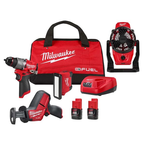 Milwaukee M12 FUEL 12-Volt Li-Ion Brushless Cordless Hammer Drill Combo Kit, Recip Saw, Light, Jobsite Fan w/2 Batteries (4-Tool)