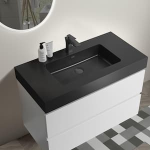 36 in. Single Sink Wall Mounted Glossy White Bath Vanity with Black Solid Surface Top Unassembled without Drain Faucet