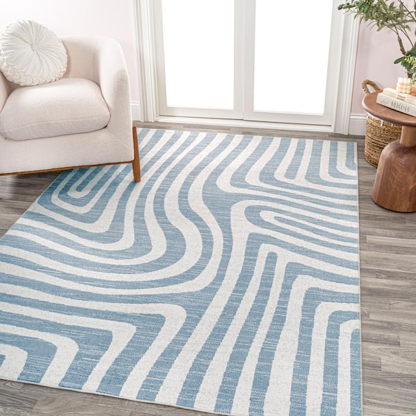 JONATHAN Y Maze ABlue/Cream 4 ft. x 6 ft. bstract 2-Tone Low-Pile Machine-Washable Area Rug