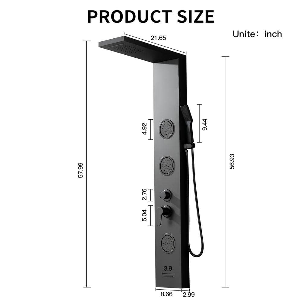 Matte Black 52'' Shower Panel System with Rainfall Shower Head
