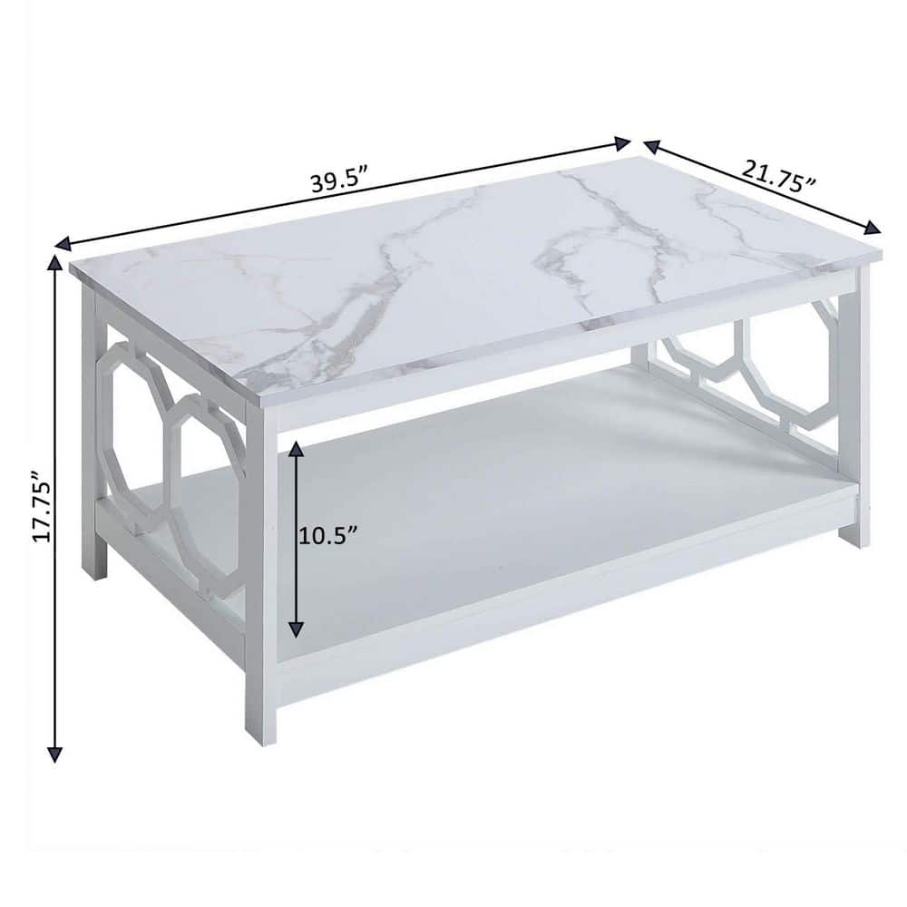 White Faux Marble and Wood Rectangular Coffee Table with Shelf