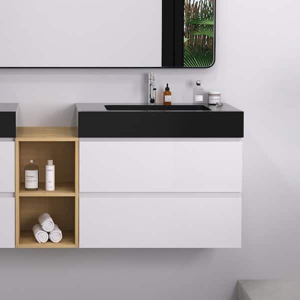 INSTER NOBLE 30 in. W x 18 in. D x 25 in. H Single Sink Floating Bath Vanity in White with Black Solid Surface Integral Top