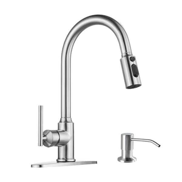 AVITAS Brushed Nickel 15 in. 3-Mode Single Handle Pull Down Sprayer Kitchen Faucet with 360° Swivel Spout and Soap Dispenser