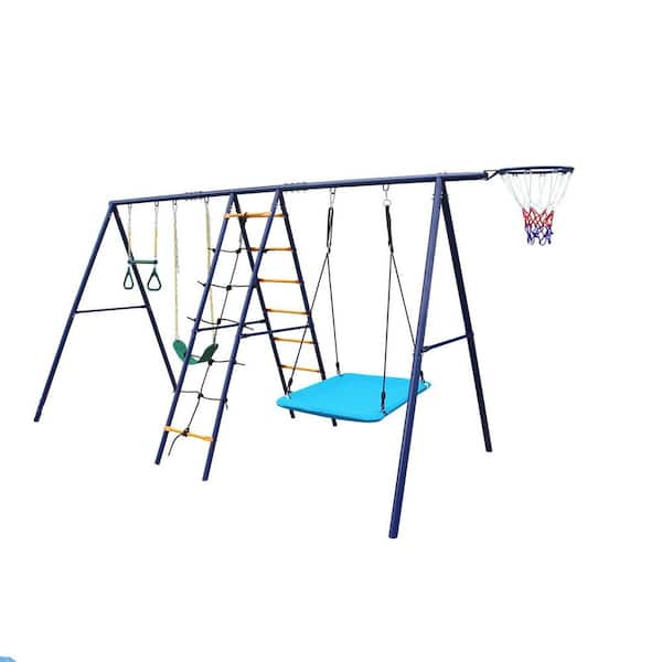 6-in-1 Kids Swing Set with Basketball Hoop, Climbing Net and Ladder, Steel Frame, Multicolor Outdoor Backyard Playground