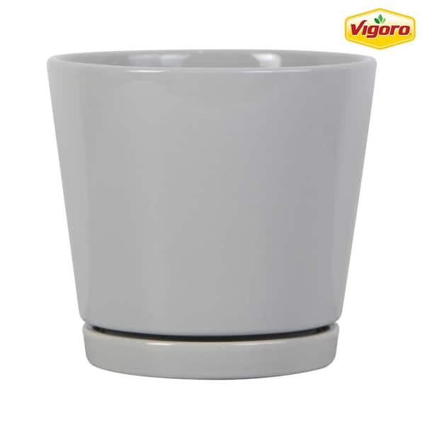 Vigoro 6 in. Piedmont Small Gray Ceramic Planter (6 in. D x 5.7 in. H) with Drainage Hole and Attached Saucer
