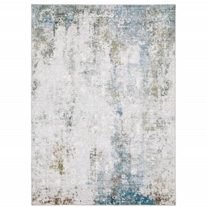 4' X 6' Ivory And Blue Abstract Printed Stain Resistant Non Skid Area Rug