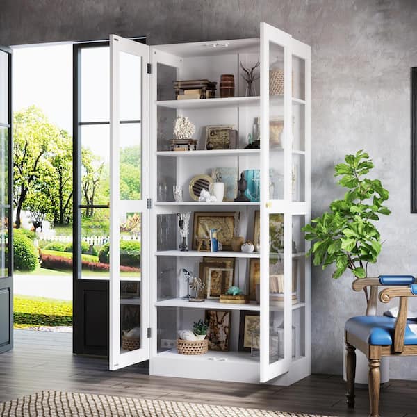 70.9 in. H White Wood 2-Glass Door Accent Storage Cabinet with 6-Tier Shelves