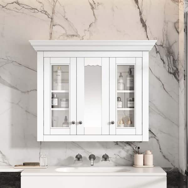 35.03 in. W x 28 in. H Rectangular Solid Wood Medicine Cabinet in White with Mirror, Adjustable Shelves and Glass Doors