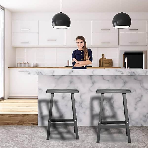 29 in. Black Outdoor Bar Stools Set of 2, Modern Resin All-Weather Bar Chairs with Footrest, for Patio Kitchen Counter