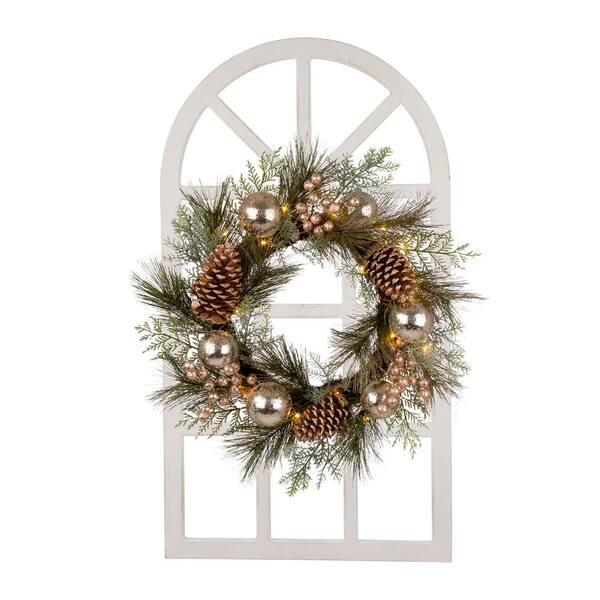 Glitzhome 7 in. Wooden Window Frame with LED Pre-Lit Pinecone and Ornament Wreath