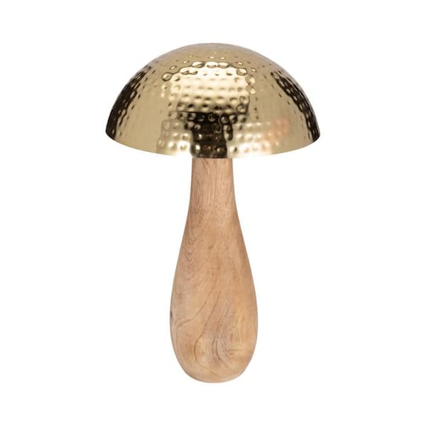 Liv & Skye Gold 12 in. x 20 in. Metal Mushroom Figurine with Wood Base