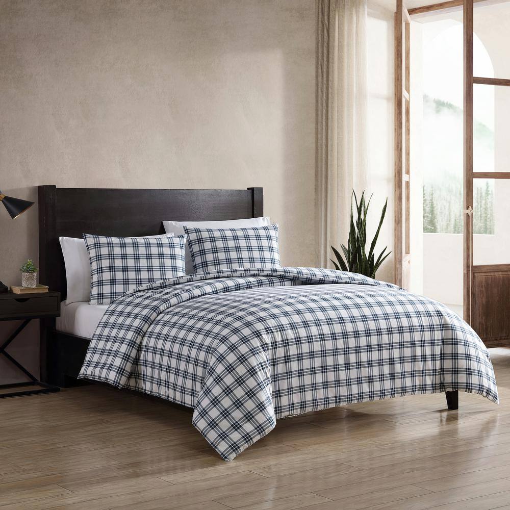 Navy Blue Plaid Cotton Full/Queen Duvet Set with Shams