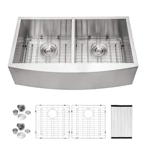 33 in. Farmhouse Sink Double Bowl 60/40 16-Gauge Brushed Stainless Steel Kitchen Sink with Accessories