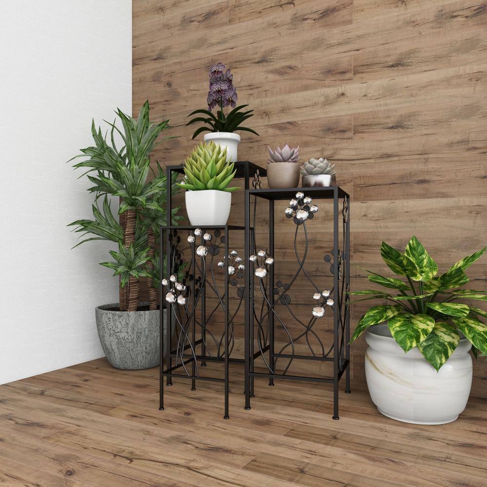 Set of 3 Black Iron Floral Plant Stands