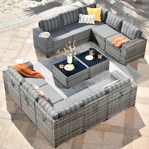 Crater Gray 12-Piece Wicker Outdoor Wide-Plus Arm Patio Conversation Sofa Seating Set with Striped Grey Cushions