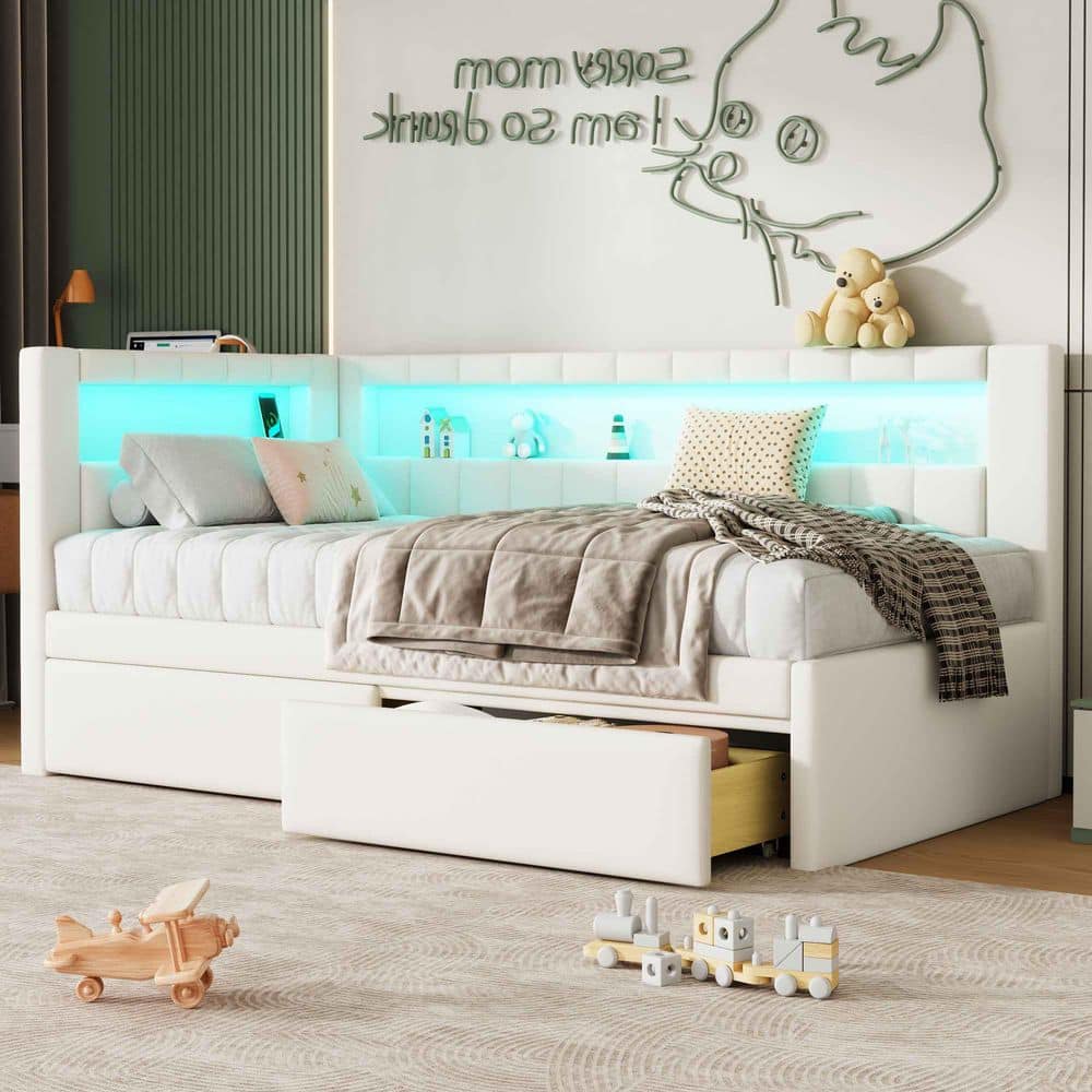 White Twin Size Daybed with USB Ports and LED Belt, 2-Drawers