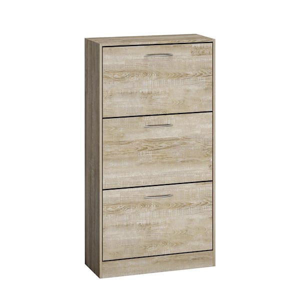 FUFU&GAGA 22.4 in. W x 42.1 in. H 18-Pair Brown Wood 3-Drawer Shoe Storage Cabinet with Foldable Compartments