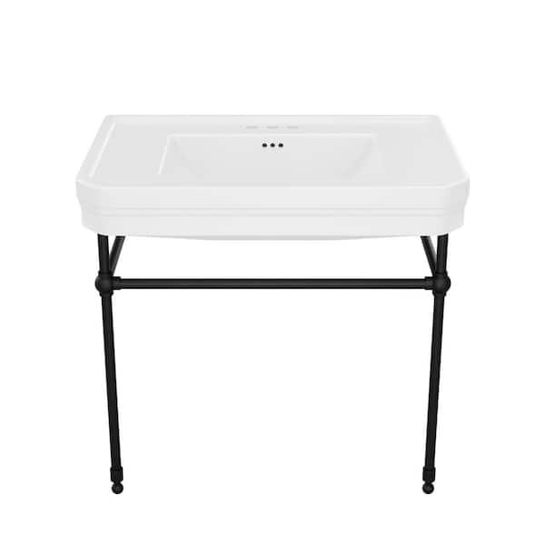 Valencia 31.8 in. L x 21 in. W Console Sink Basin in White Vitreous China Matte Black Legs with 4 in. Faucet Drilling