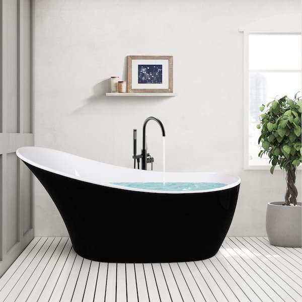 AKDY 63 in. Glossy Black Acrylic Tub for Bathtub with Tub Filler combo - Modern Flat Bottom Stand Alone Tub