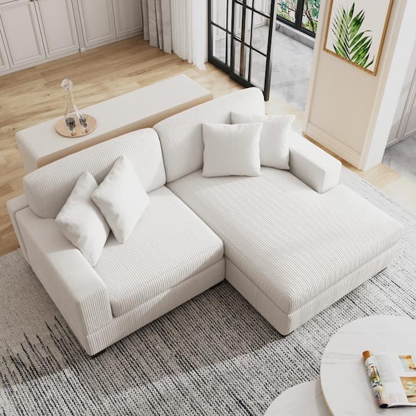 Uixe 83.4 in. W Square Arm 2-Piece Corduroy Fabric L-Shaped Modern Sectional Sofa in Beige with 4 Pillows